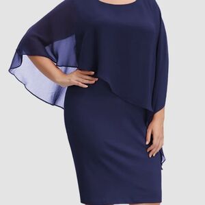 Hanna Nikole Chiffon Capelet Decorated Pencil Dress Evening Navy Plus Size 20W